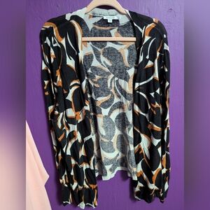 94. Chico's Black White Brown Swirl Print Open Front Cardigan XXL 18 20 22